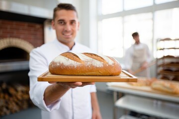 Baker proudly presenting a freshly baked loaf of bread in a modern bakery
