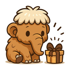 Happy cartoon mammoth finds birthday surprise