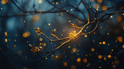 Golden leaves glimmer in the warm light during springtime in a tranquil forest setting