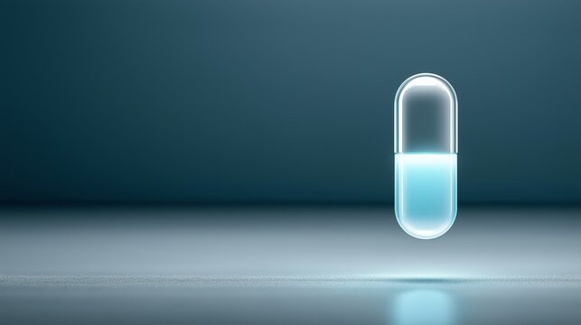 A small transparent capsule floats in mid-air against a dark gradient background, symbolizing futuristic medicine and biotechnology. The sleek design evokes innovation, purity, and scientific progress