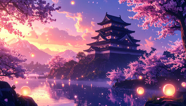 Cherry Blossom Castle by the Tranquil Lake at Dusk