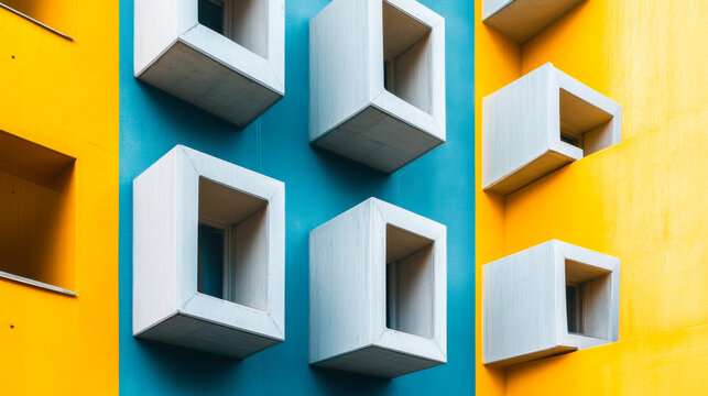 Modern architectural design features colorful wall with geometric protrusions showcasing creativity and innovation in urban spaces