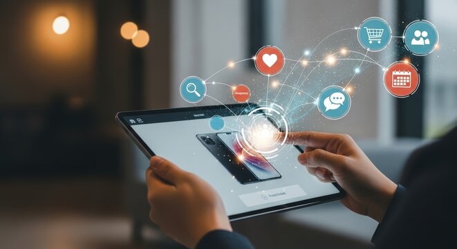 Customer Journey Seamless Digital Product Experience on a Beach, Featuring Personalized Support and Iconic Stages for Purchase Convenience Ideal for Websites and Presentations.