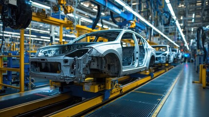 Fototapeta premium Automobiles on a production line in a factory.