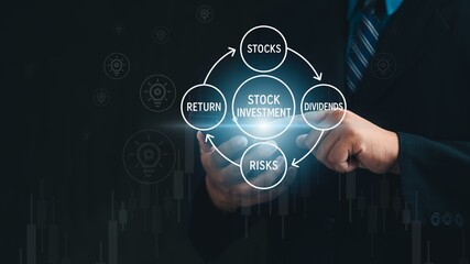 Financial technology, business and investment. Mutual funds for investing in the stock market and digital assets. Businessman analyzes financial data on graphs modern business goal concept.