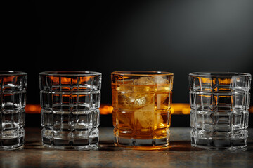 Whiskey with ice on a dark background.
