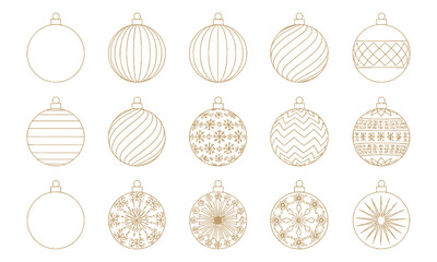 Collection of decorative transparent christmas baubles with festive patterns for holiday design isolated on transparent background