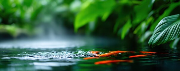 Fototapeta premium Tropics Humid Relaxation concept Tranquil pond with koi fish and lush green foliage.