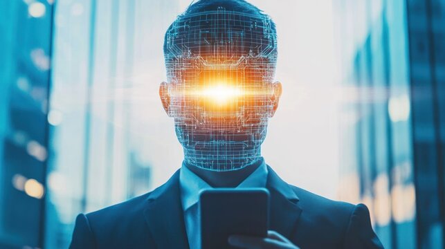 A man with a digital face on his head, using a smartphone in a cityscape background.