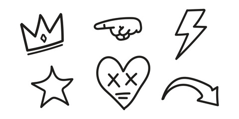 Collection of hand drawn doodle icons including a crown star lightning bolt heart and pointing finger