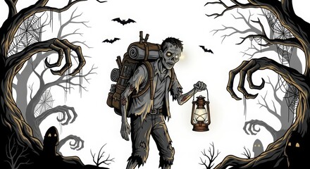 Zombie traveler with lantern walking through the dark forest isolated on white background