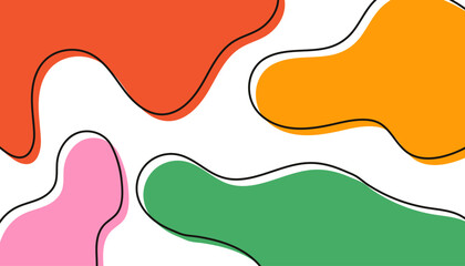 Abstract colorful fluid shapes background with organic blob shapes, wavy borders in orange, green, pink, and red tones outlined in black. Modern minimal design. for covers, posters, branding and web 