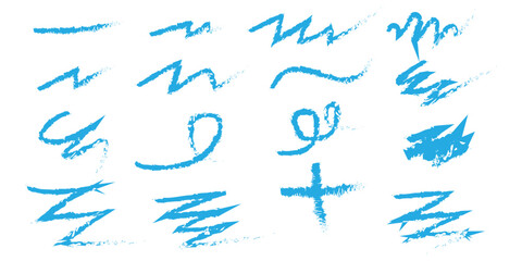 Collection of abstract blue crayon scribbles and doodles on a white background