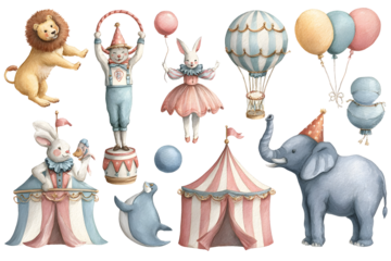 Charming retro circus set with hand-painted watercolor animals and balloons for creative designs