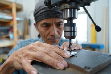 Skilled craftsman using a drill press to create precise metal components