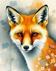 Obraz premium Beautiful digital painting of an orange fox with floral decorations. Elegant mix of wildlife portrait and artistic illustration.