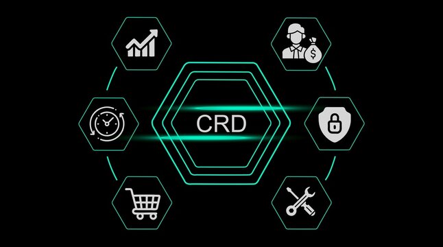 Central hexagon with C R D text surrounded by smaller hexagons with icons for growth, money, security, tools, shopping, and time on black background