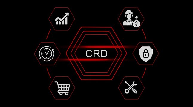 C R D central hexagon with surrounding icons for growth security time shopping and tools image