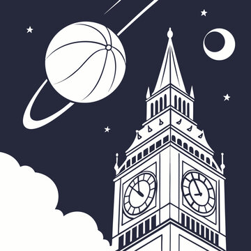 Big ben and basketball planet in the night