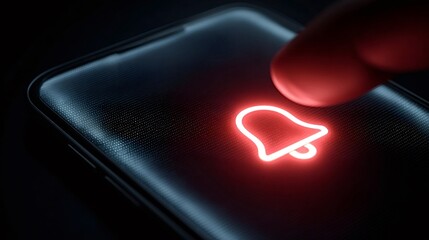 Finger tapping on a glowing red bell notification icon on a modern smartphone screen, representing alerts, reminders, and important messages from social media or applications