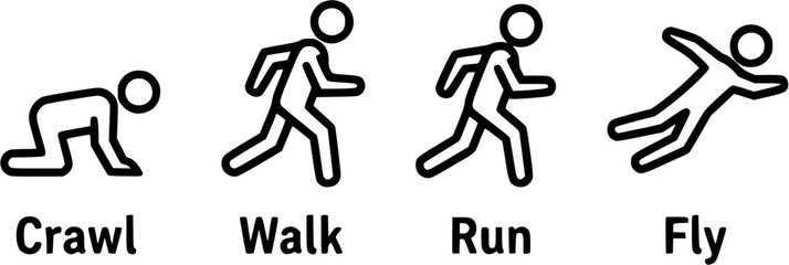 Crawl Walk Run Fly pictogram icon set. Clipart image isolated on white background
