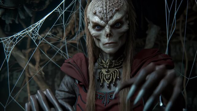 Eerie drow elf priestess in a cobwebbed chamber.