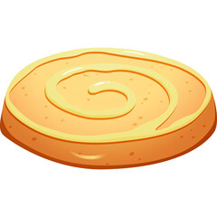 Close up of a single round Swiss Roll pastry with a swirl of white frosting on a transparent background isolated illustration