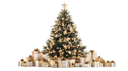 Elegant christmas tree with golden ornaments and gifts for holiday festivities