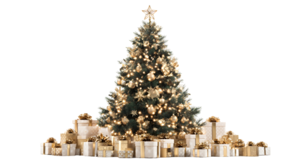 Elegant christmas tree with golden ornaments and gifts for holiday festivities