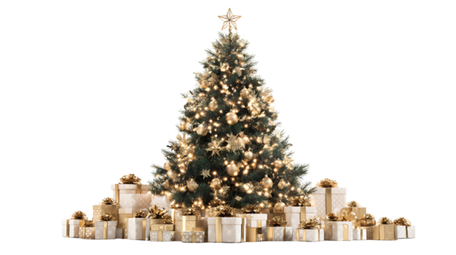 Elegant christmas tree with golden ornaments and gifts for holiday festivities