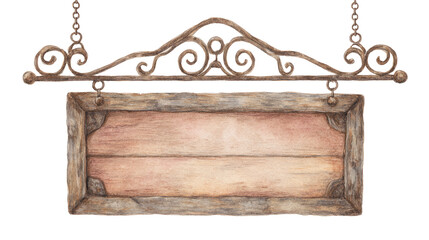 Naklejka premium Vintage Wooden Hanging Signboard with Metal Scrolls