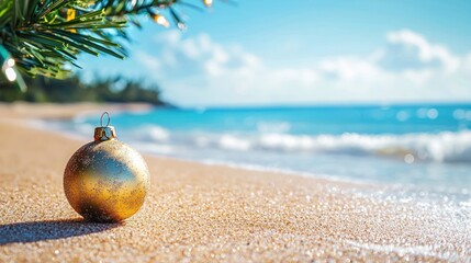 A Christmas ornament on a sandy beach with a clear blue sky and ocean in the background.
