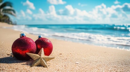Two red Christmas ornaments on a sandy beach with a starfish and palm trees in the background.