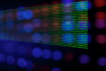 Group of green binary number system on blurred soft bokeh from LED lighting. Background for digital data transformation or Sci-Fi mystery concept.