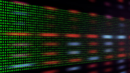 Group of green binary number system on blurred soft bokeh from LED lighting. Background for digital data transformation or Sci-Fi mystery concept. Copy space on 16:9 format.