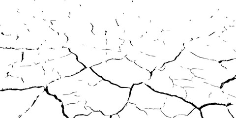 Vector illustration of cracked dry ground texture showing parched soil and drought effect. Black and white cracked earth background symbolizing climate change, arid environment, and dehydration.