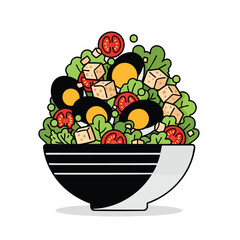 A vibrant illustrated salad bowl filled with fresh lettuce tofu cubes tomatoes and dark soymarinated eggs.