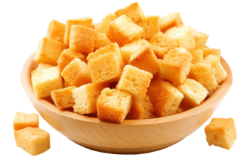Golden crispy bread croutons on white background