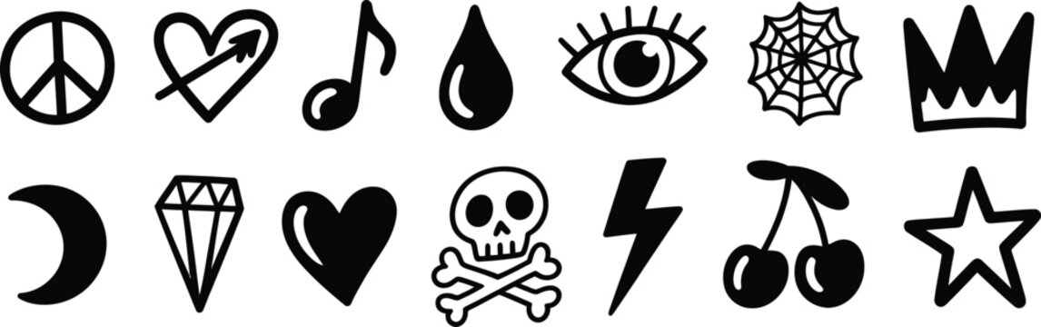 Peace heart music drop eye spiderweb crown moon diamond skull lightning cherries star