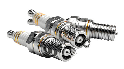 Highly detailed metallic spark plugs isolated for automotive design and maintenance