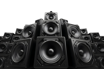 Large collection of hi-fi speakers arranged in geometric formation for audio showcase and design inspiration