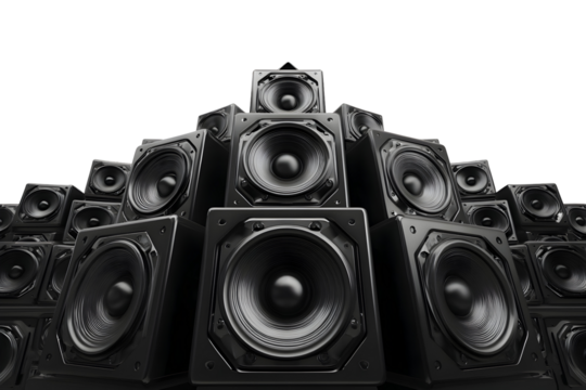 Large collection of hi-fi speakers arranged in geometric formation for audio showcase and design inspiration