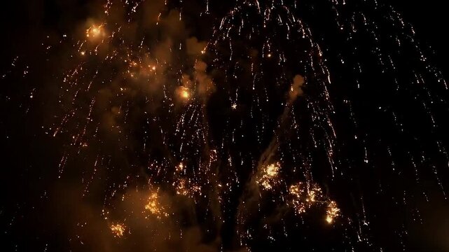 Golden Firework At Nigh In The Sky Celebration Background, , New Year's Eve Fireworks On Black Background, Bright Fireworks Shoot In The dark Sky, firework effects on alpha channel background.
