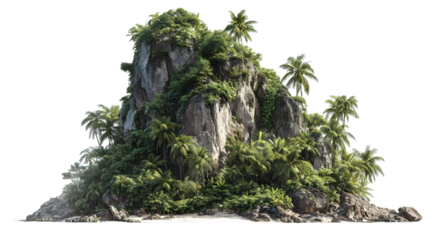 Lush tropical island with dense rainforest vegetation and dramatic rocky terrain