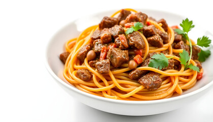 beef spaghetti on white bowl isolated on white background