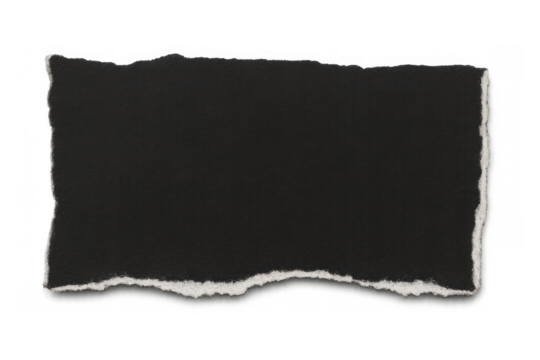 Black torn paper piece with jagged edges creating a distressed texture, transparent background for easy use