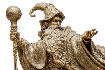 Ornate golden wizard statue with flowing beard and intricate details