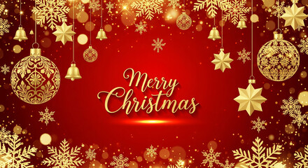 Elegant Christmas greeting banner with golden ornaments, hanging bells, and sparkling snowflakes on a festive red background