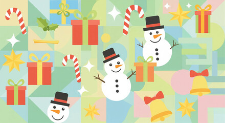 Festive Holiday Season Colorful Christmas Elements and Gift Box Decorations on a Geometric Background