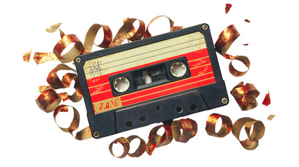 Retro cassette tape with unraveled ribbon on black background